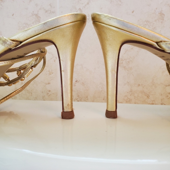 Gold Leather & Rhinestone lace up heel sandles - Picture 6 of 16